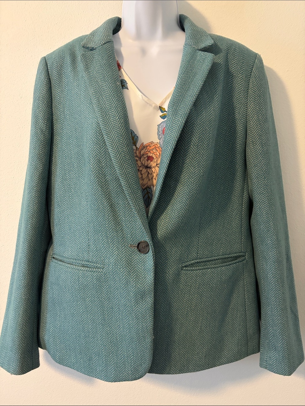 LOFT see Blue Herringbone Single-Button Blazer